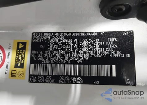 2013 Lexus Rx 350 F Sport из США, поврежденный, VIN 2T2BK1BA4DC195400